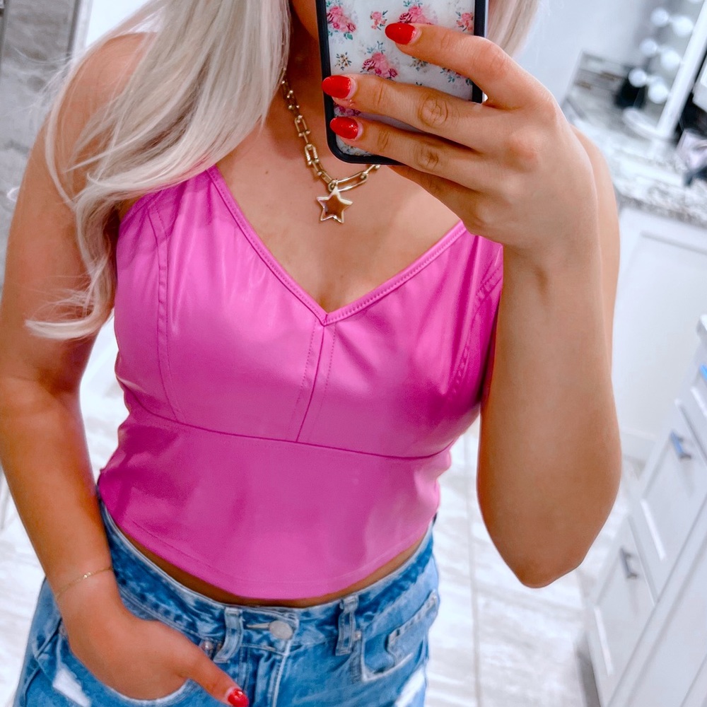hot pink faux leather v neck crop top